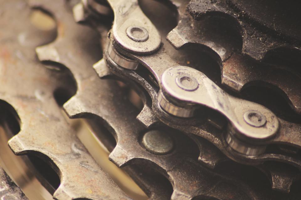 Close up of a bicycle gear and chain mechanism